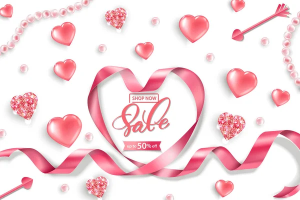 Valentine\'s Day sale web banner. Top view on composition with pink glittering hearts, pink pearls, heart pink ribbon. Vector template