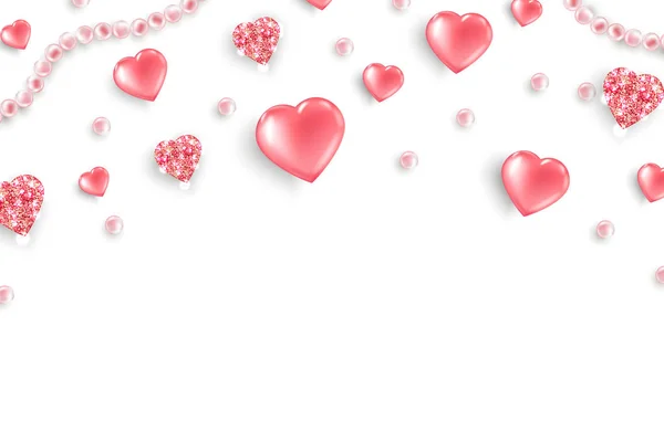 Den svatého Valentýna pozadí. Pohled shora na složení s růžová třpytivá srdce, růžové perly, srdce růžová stuha. Vektor šablona — Stockový vektor