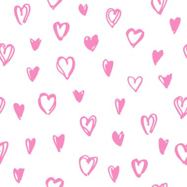 Kalpler seamless modeli. El kağıt ambalaj için romantik süsleme çekilmiş. Dekoratif illüstrasyon model kartları ve afiş, kızlar için düğün ve duvar kağıdı üzerinde davet için için.