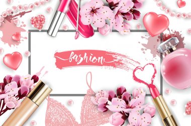 Kozmetik ve moda arka plan ile yapmak sanatçı nesneleri: dudak parlatıcısı, parfüm, pembe inci boncuklar, parlak kupa. Vakfı, pembe ruj. kiraz çiçekleri ile. Bahar ve Sevgililer günü kavramı