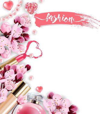 Kozmetik ve moda arka plan ile yapmak sanatçı nesneleri: parfüm, pembe inci boncuklar, parlak kupa. Vakfı, pembe ruj. kiraz çiçekleri ile. Bahar. moda ve Sevgililer günü kavramı