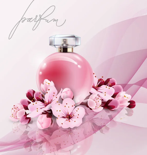 Anuncios de perfume Sakura, perfume de estilo realista en una botella de vidrio sobre fondo rosa con flores de sakura. Gran cartel publicitario para promocionar una nueva plantilla de Vector de fragancia — Archivo Imágenes Vectoriales
