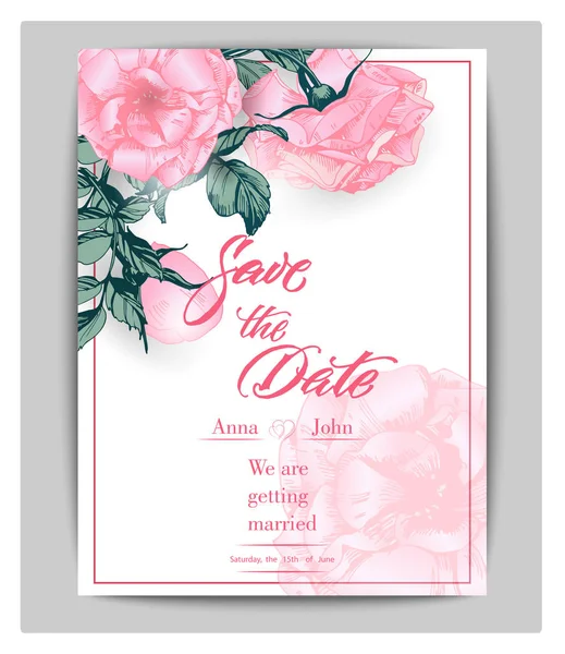 Enregistrez les cartes de date avec des roses. Peut être utilisé pour l'invitation de mariage, carte d'anniversaire, modèle vectoriel de carte d'invitation . — Image vectorielle