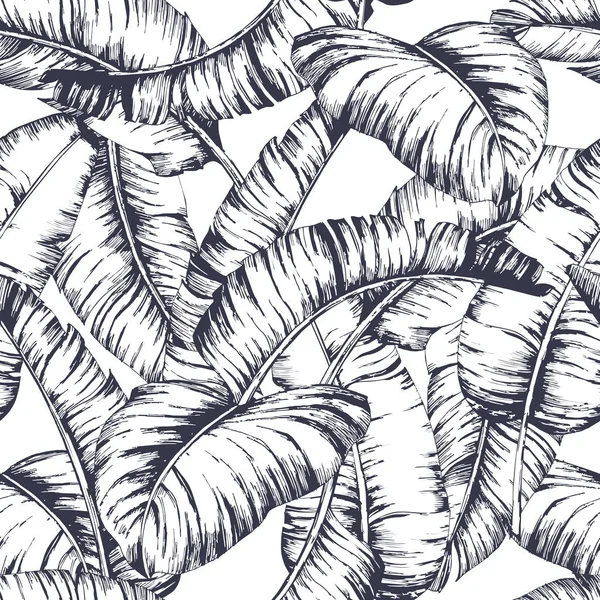 Modèle de feuilles de banane sans couture pour textile de mode, illustration vectorielle de plante de ligne noire — Image vectorielle