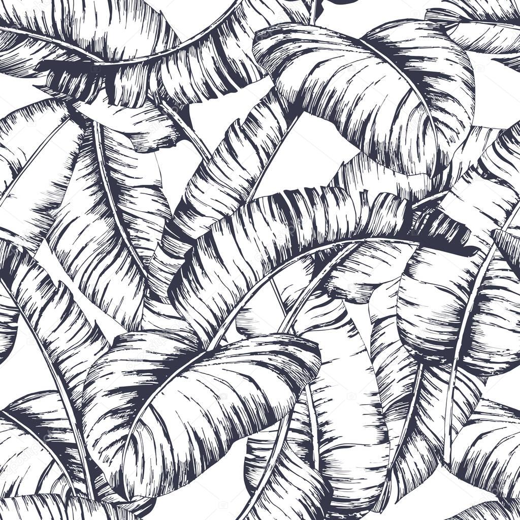 Seamless banana leaves pattern for fashion textile, black line plant vector illustration