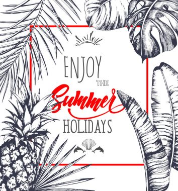 Tropikal palmiye arka plan bırakır. Daveti veya kart tasarımı ile orman bırakır. Vektör çizim trendy tarzı