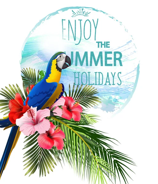 Sommar semester bakgrund med tropiska blommor med färgglada tropiska papegoja och Toucan. Bokstäver Hej sommar mall vektor — Stock vektor