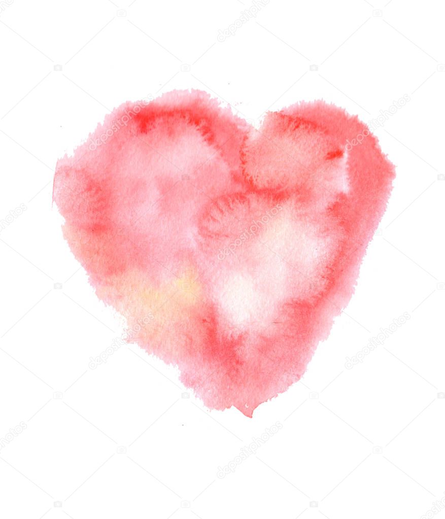 Watercolor pink hand drawn paper texture isolated heart on white background for text design, label, valentines day. Abstract aquarelle fade color wet brush paint romantic element for card, print, icon