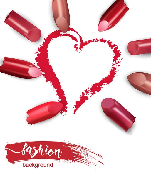 Herz mit rotem Lippenstift gezeichnet. zerbrochener bunter Lippenstift isoliert auf weißem Hintergrund. Valentinstag Konzept Schönheit und Kosmetik Hintergrund Vektor-Vorlage — Stockvektor