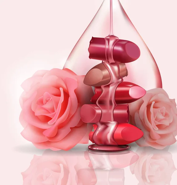 Weiblicher Luxus. gebrochener Lippenstift und rosa Rosen, mit einem Tropfen Rosenöl, Honig zum Schminken auf weißem Hintergrund, Vorlage für ein Poster, Banner, Logo, Flugblatt, realistische Attrappe, Vektorillustration — Stockvektor