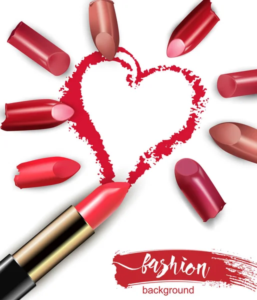 Cuore disegnato con rossetto rosso. Rossetto multicolore rotto Isolato su sfondo bianco. concetto di giorno di San Valentino Bellezza e cosmetici sfondo modello vettoriale — Vettoriale Stock