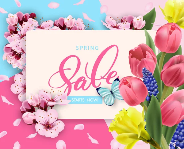 Primavera vendita vettore banner design con fiori ciliegio e telaio. Primavera vendita con fiori di ciliegio sfondo . — Vettoriale Stock