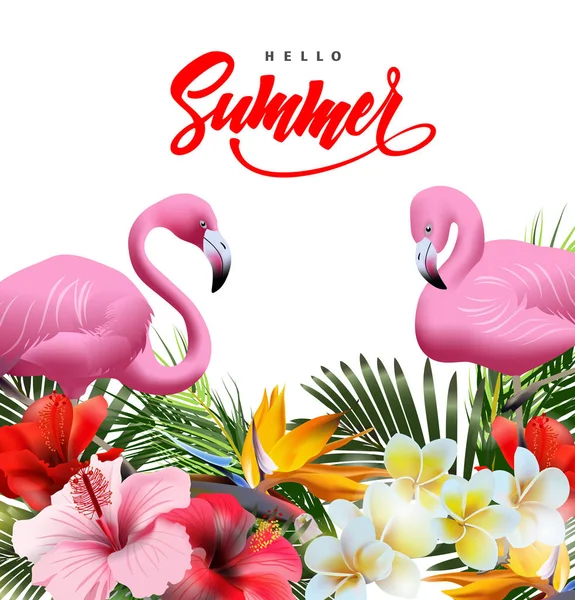 Summer holidays background with tropical flowers with pink flamingo. Lettering Hello summer Template Vector — Stock Vector