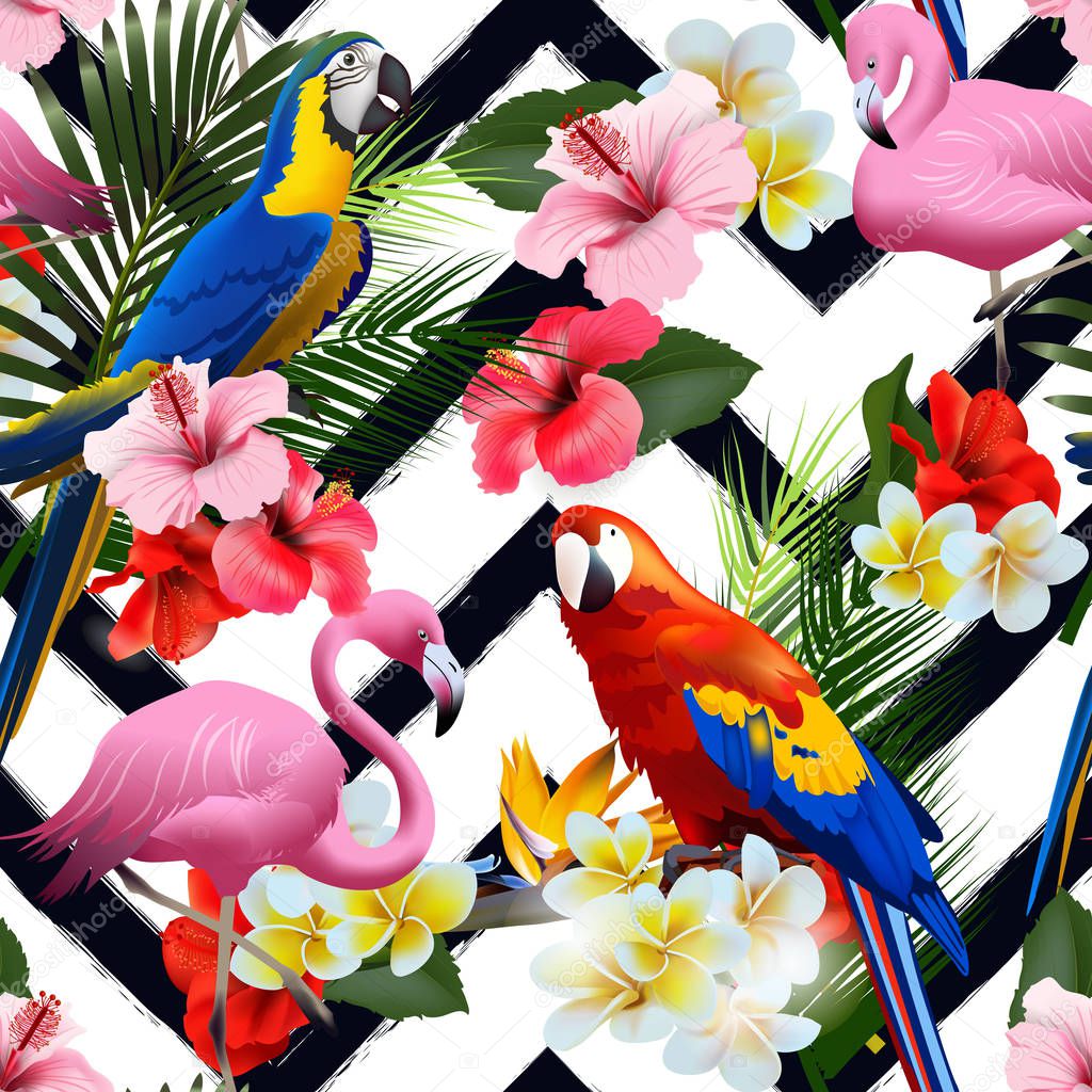 Seamless summer tropical background with tropical flowers and colorful parrots, with pink flamingo Vector illustration