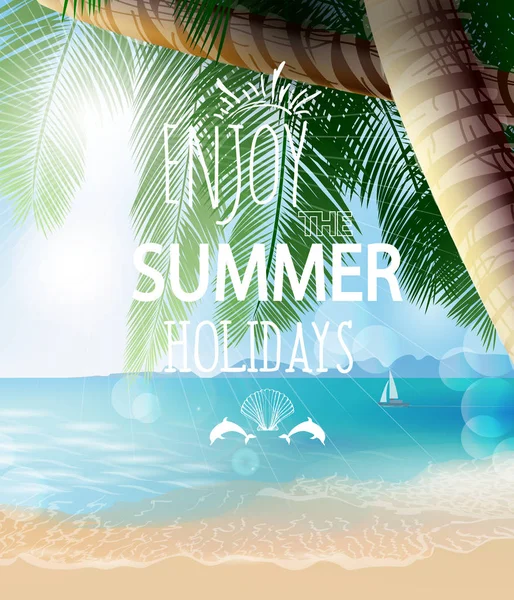 Illustrazione vettoriale vacanze estive. Spiaggia, palme bella vista panoramica sul mare, con acqua pulita cielo blu. Vettore modello — Vettoriale Stock