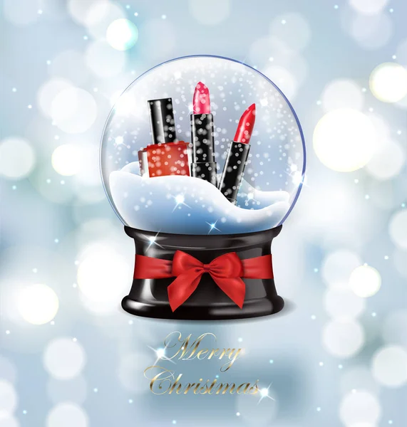 Ilustración vectorial realista bola de nieve de Navidad hermosa con artículos de maquillaje, lápiz labial rojo y esmalte de uñas, con nieve, sobre fondo azul borroso con bokeh — Vector de stock
