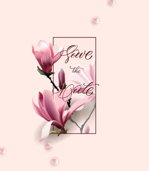 Guarde las tarjetas de fecha con Magnolia floreciente. Se puede utilizar para la invitación de boda, tarjeta de cumpleaños, tarjeta de invitación plantilla Vector . — Archivo Imágenes Vectoriales