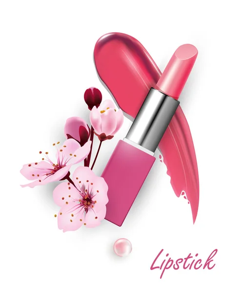 Lipstick with cherry blossoms. The concept of makeup. Fashion Colorful lipsticks. Professional makeup and beauty. Beautiful makeup. 3D realistic detailed mockup. Lipstick close-up.Template Vector — 图库矢量图片