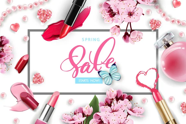 Spring sale cherry blossom cosmetic ad template. 3D realistic detailed mockup. Beauty and cosmetics background. Use for advertising flyer, banner, leaflet. Template Vector. — Stock Vector