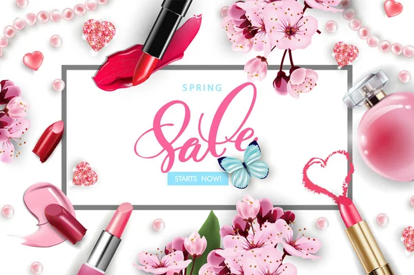 Spring sale cherry blossom cosmetic ad template. 3D realistic detailed mockup. Beauty and cosmetics background. Use for advertising flyer, banner, leaflet. Template Vector.