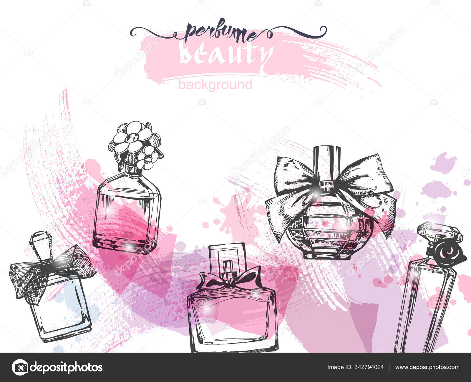 A set of beautiful bottles of perfume. Women's perfume. Vector watercolor.  Elements for design.Template Vector. Stock Vector by ©Galina72 342794024