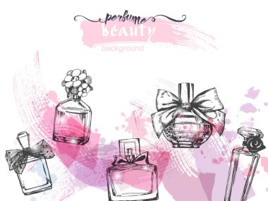 A set of beautiful bottles of perfume. Women's perfume. Vector watercolor. Elements for design.Template Vector. clipart