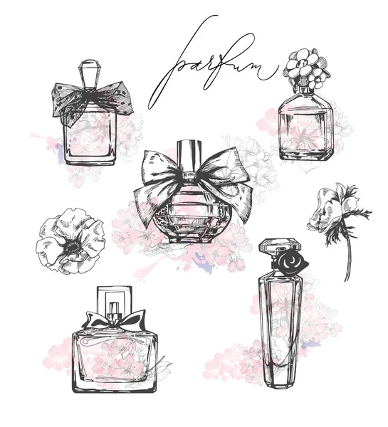 Um conjunto de belas garrafas de perfume. Perfume feminino. Aquarela vetorial. Elementos para design.Template Vector . —  Vetores de Stock