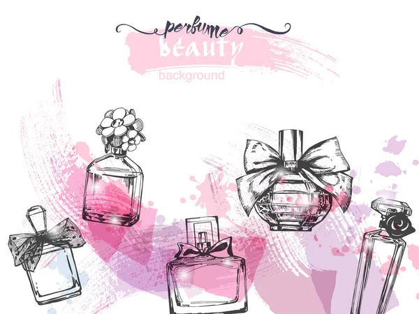 A set of beautiful bottles of perfume. Women's perfume. Vector watercolor. Elements for design.Template Vector. — Stock Vector