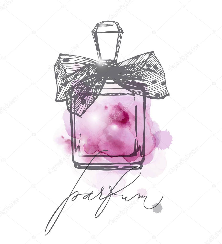 A set of beautiful bottles of perfume. Women's perfume. Vector watercolor. Elements for design.Template Vector.