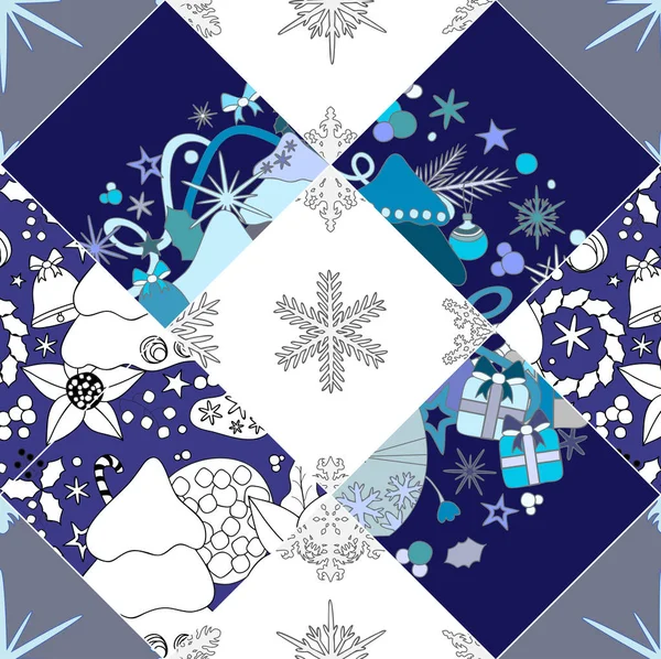 Baldosas sin costura abstracta pathcwork con christmasl ornament.winter — Vector de stock