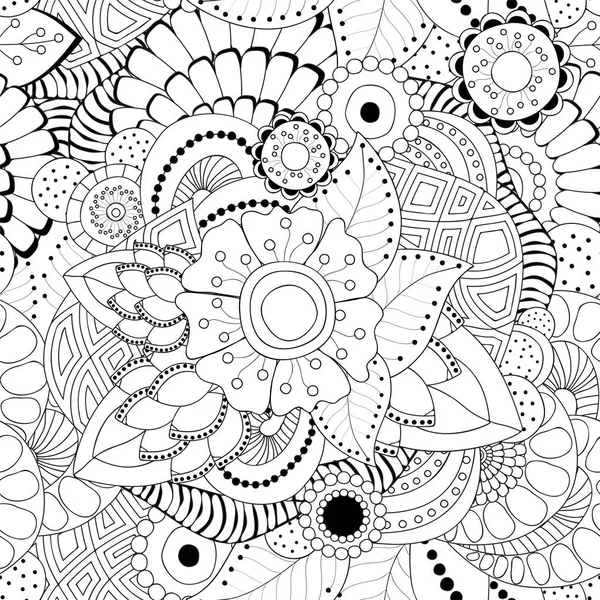 Vecteur de stock fleur monochrome abstraite sans couture doodle et vague — Image vectorielle