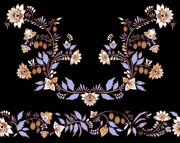 Flores vector estoque e ornamento de folhas. oriental ou russa patt — Vetor de Stock