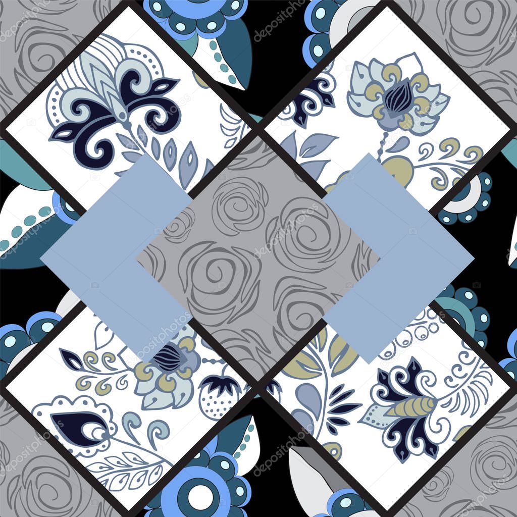 abstract seamless patchwork tile with floral ornament.arabic or 