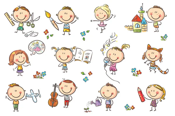 Niños dedicados a diferentes actividades creativas — Vector de stock