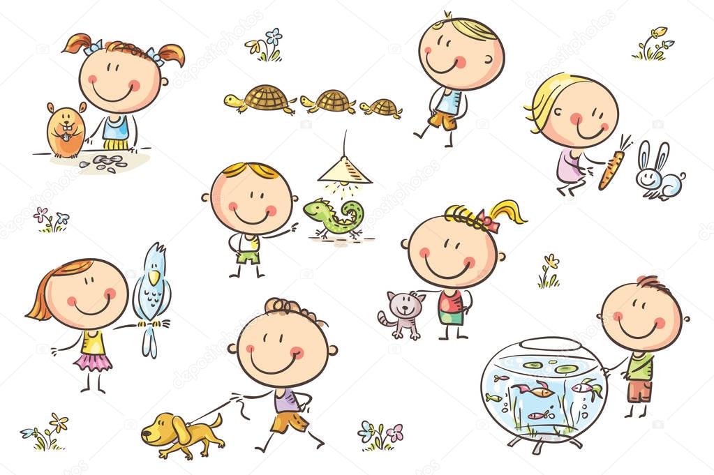happy cartoon sketchy kids with different pets like a puppy a cat a lizard a parrot and others no gradients used easy to print and edit vector files can be scaled wdrfree