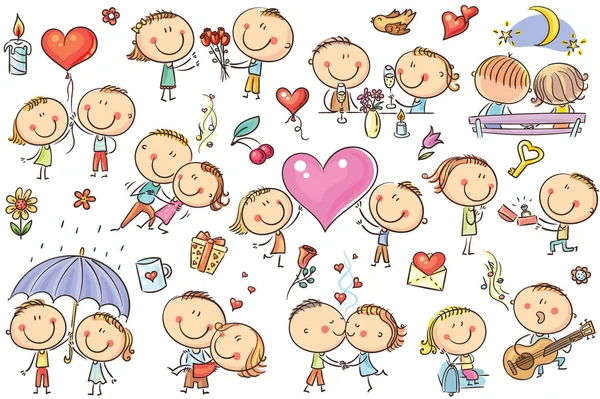 Parejas de dibujos animados felices en el amor, Día de San Valentín conjunto — Vector de stock