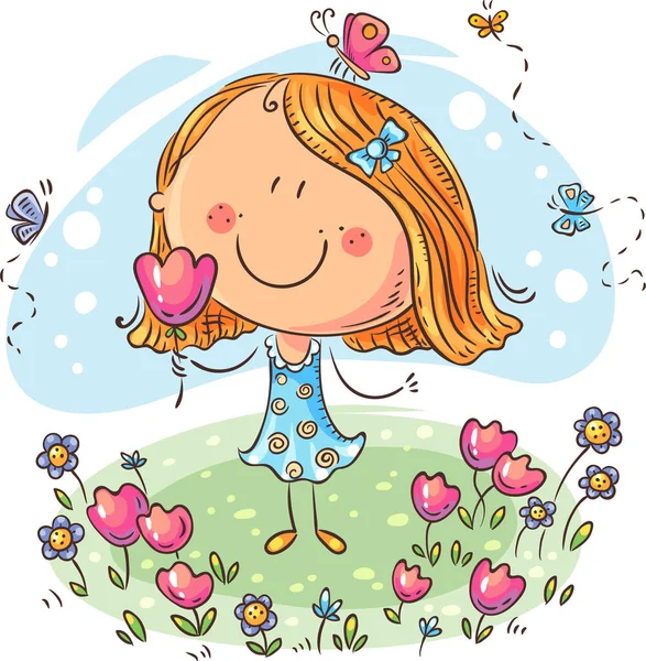 Chica de dibujos animados con flores, se puede utilizar como una tarjeta de felicitación — Vector de stock