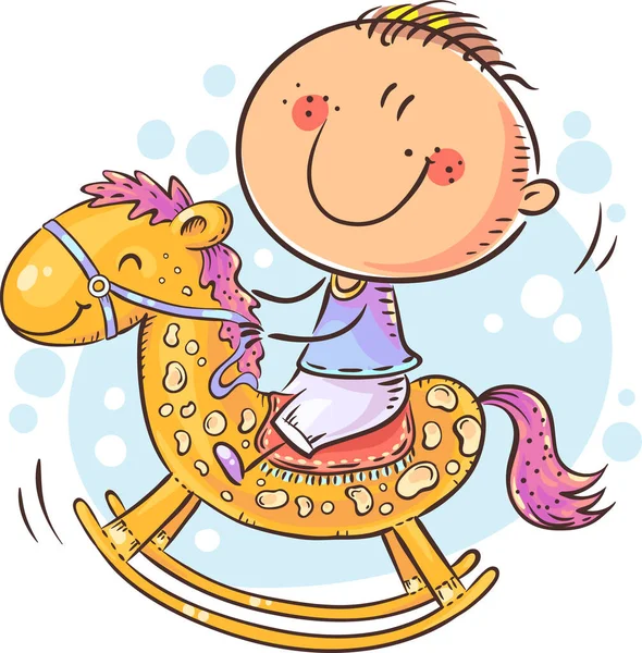 Pequeño niño montando un caballo de juguete, colorido — Vector de stock