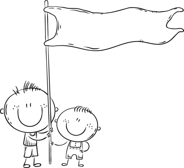 Crianças segurando uma bandeira azul, ilustração do vetor de contorno — Vetor de Stock