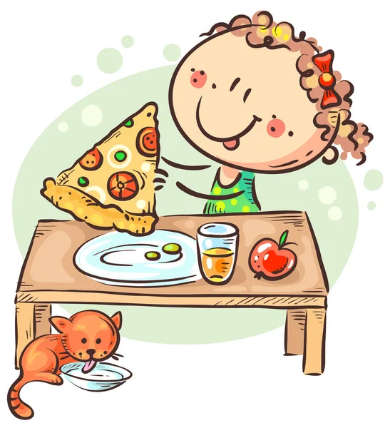 Küçük kız pizza yiyor, atıştırıyor ya da yemek yiyor. — Stok Vektör