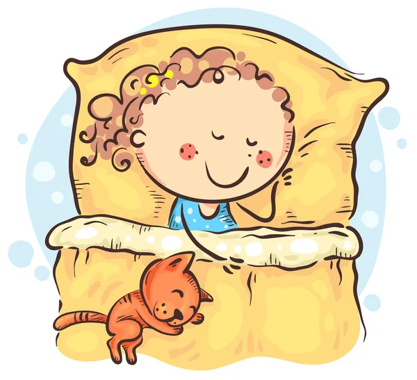 Dibujos animados chica durmiendo en su cama, niños clipart — Vector de stock