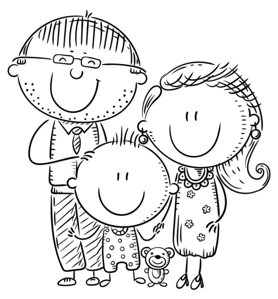 Keluarga bahagia dengan satu anak, garis besar vektor ilustrasi - Stok Vektor