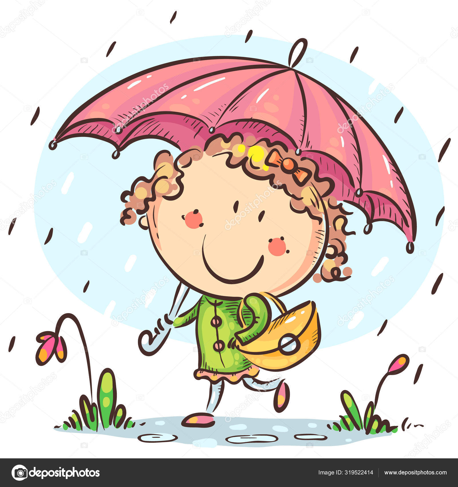 Mädchen mit Regenschirm spaziert im Regen Stock-Vektorbild von  ©Katerina_Dav 319522414, image size:1600x1700