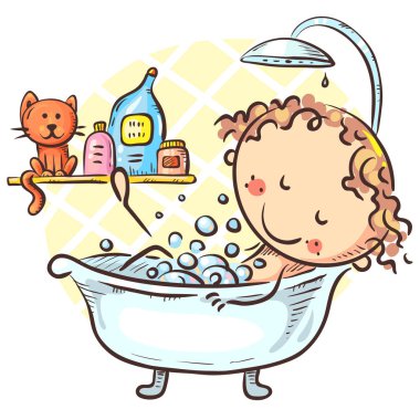 Çizgi film kızı evde banyo yapıyor, vektör çizimi yapıyor.
