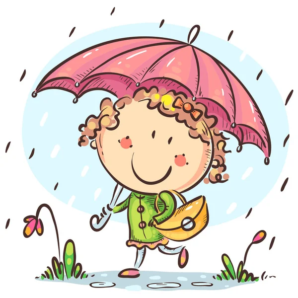 Gadis dengan payung berjalan di tengah hujan - Stok Vektor