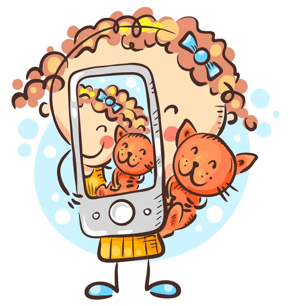 Child making selfie with her cat, vector illustration — Stock Vector