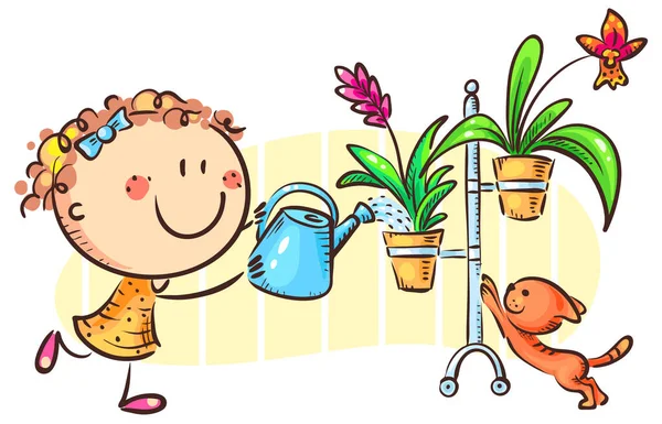 Kapalı alandaki bitkileri sulayan mutlu kız, çizgi film zirvesi — Stok Vektör