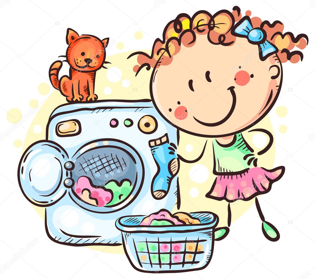 Girl washing clothes with a washing machine