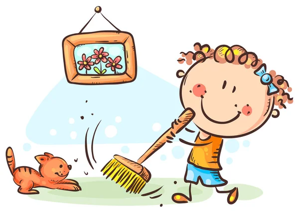 Fille balayant le sol, faisant des travaux ménagers, dessin animé — Image vectorielle