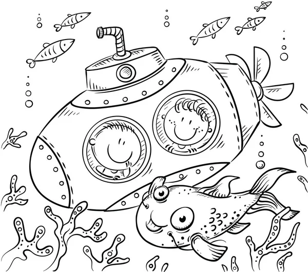 Children in a submarine explore the underwater world, black and white — Stock Vector